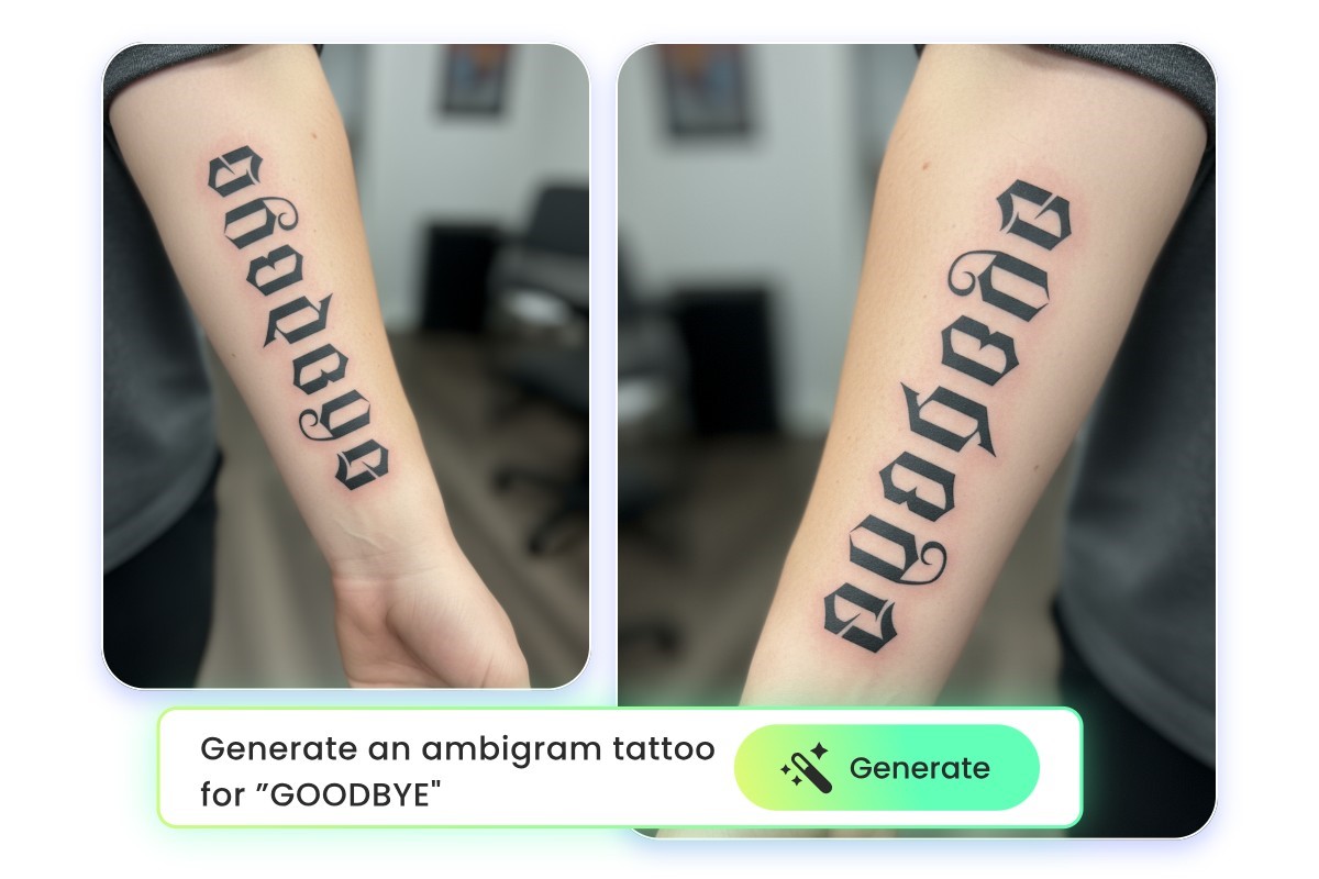 Create a two way tattoo with the word goodbye with Fotor AI ambigram tattoo generator