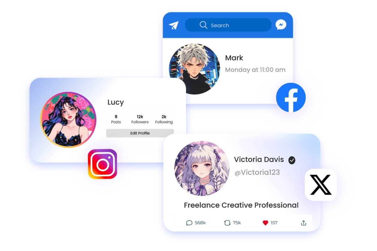 Create an anime character image for a social media profile picture