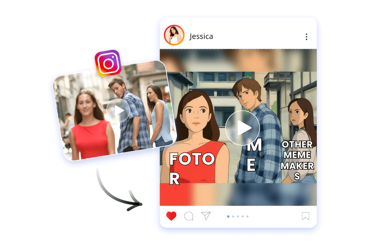 Create an anime meme video from an original real person video and share it on social media