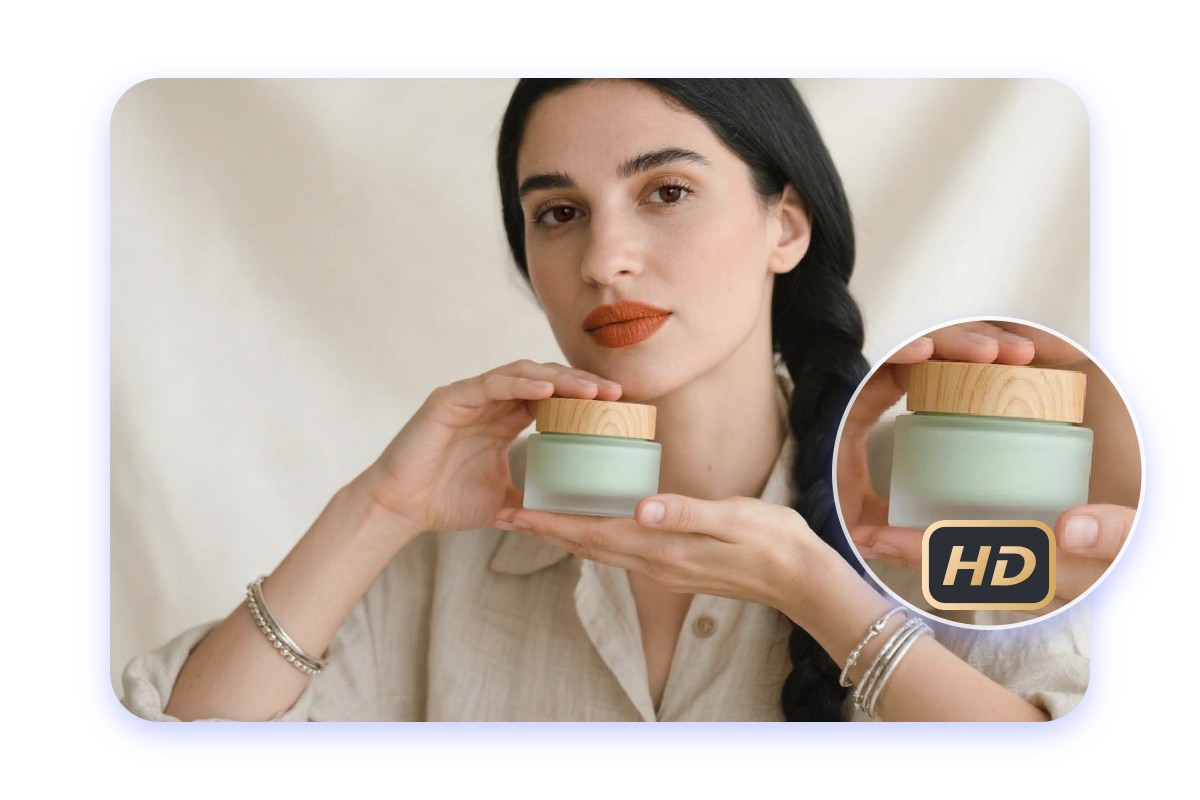 Create an hd picture of a female model holding a skincare product from text