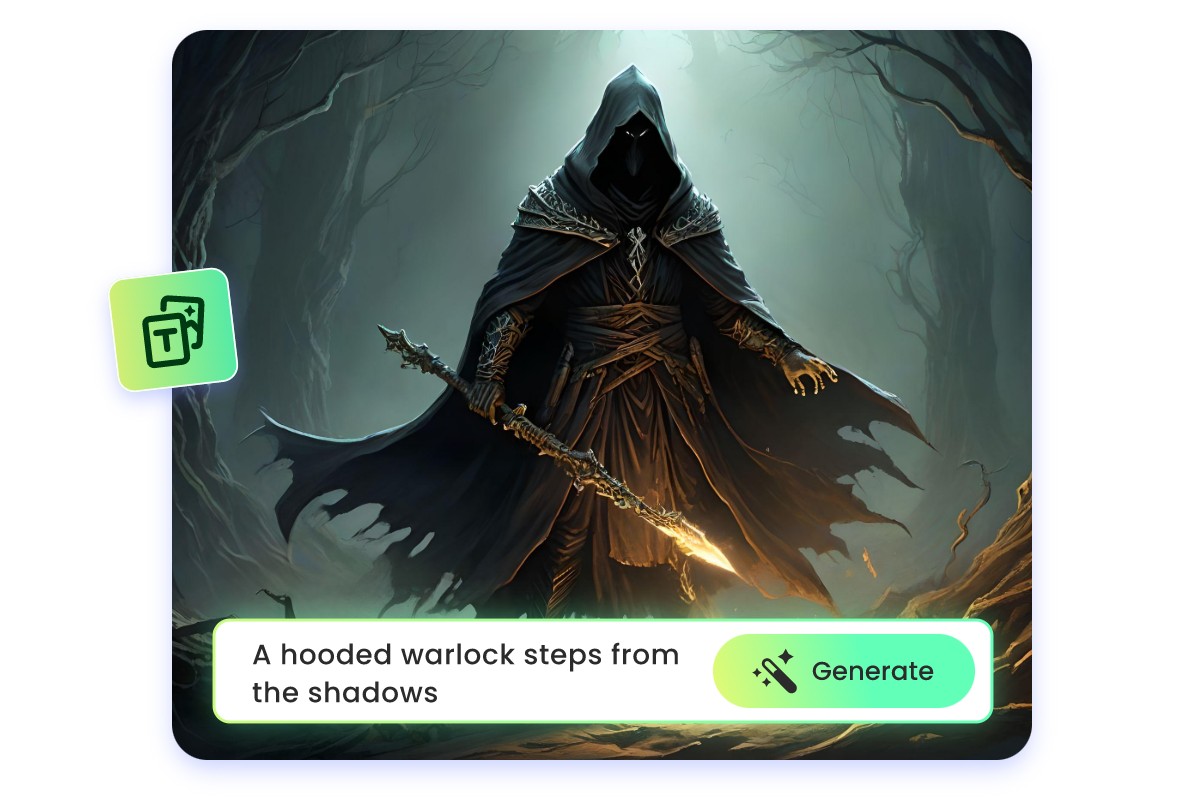 Create fantasy backgrounds from text featuring a hooded warlock