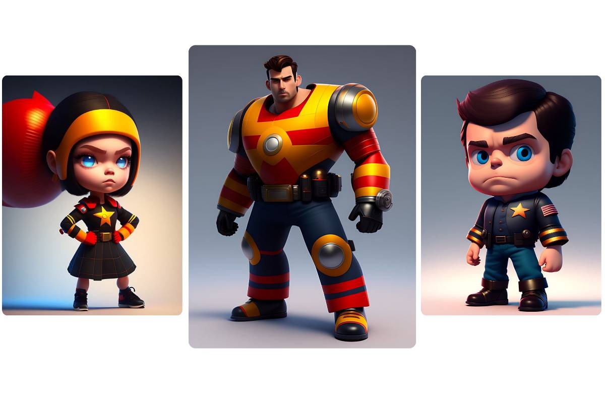 Crear tres personajes femeninos y masculinos en 3D online en el creador de personajes 3D online de Fotor