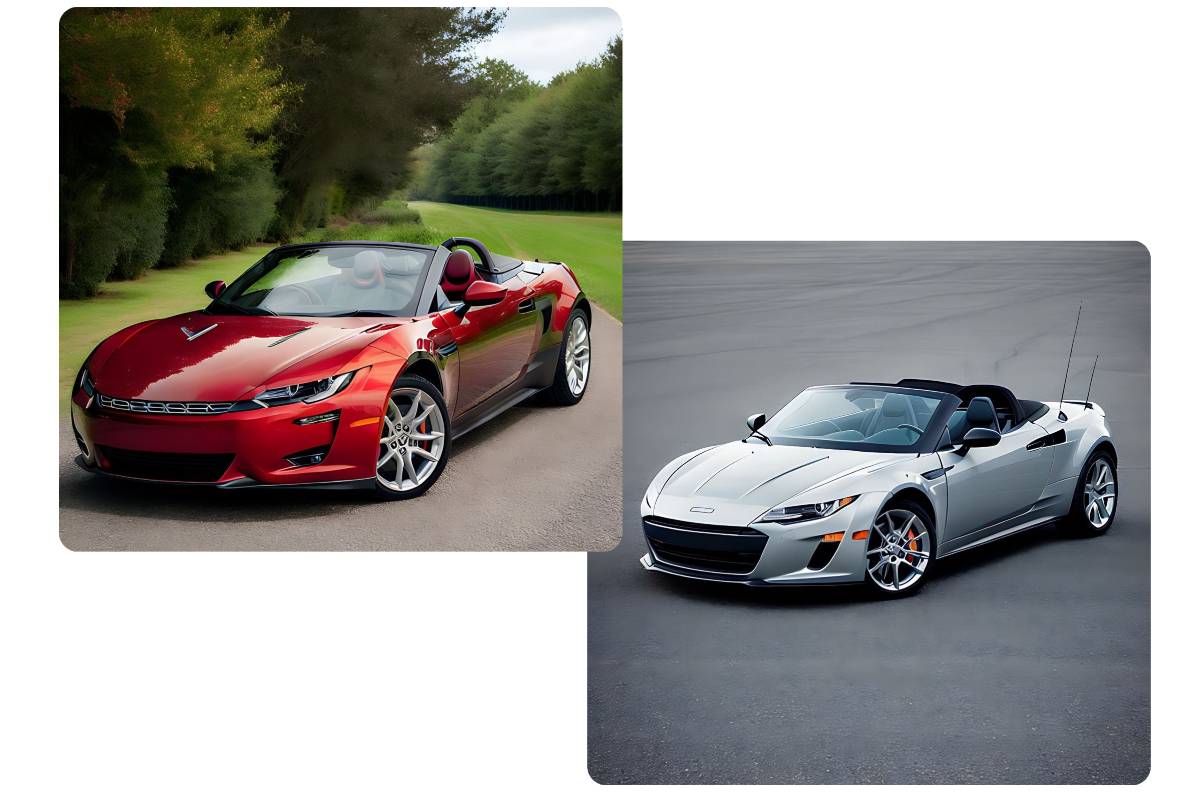 Crear roadsters blancos y rojos con el generador de coches aleatorios de Fotor