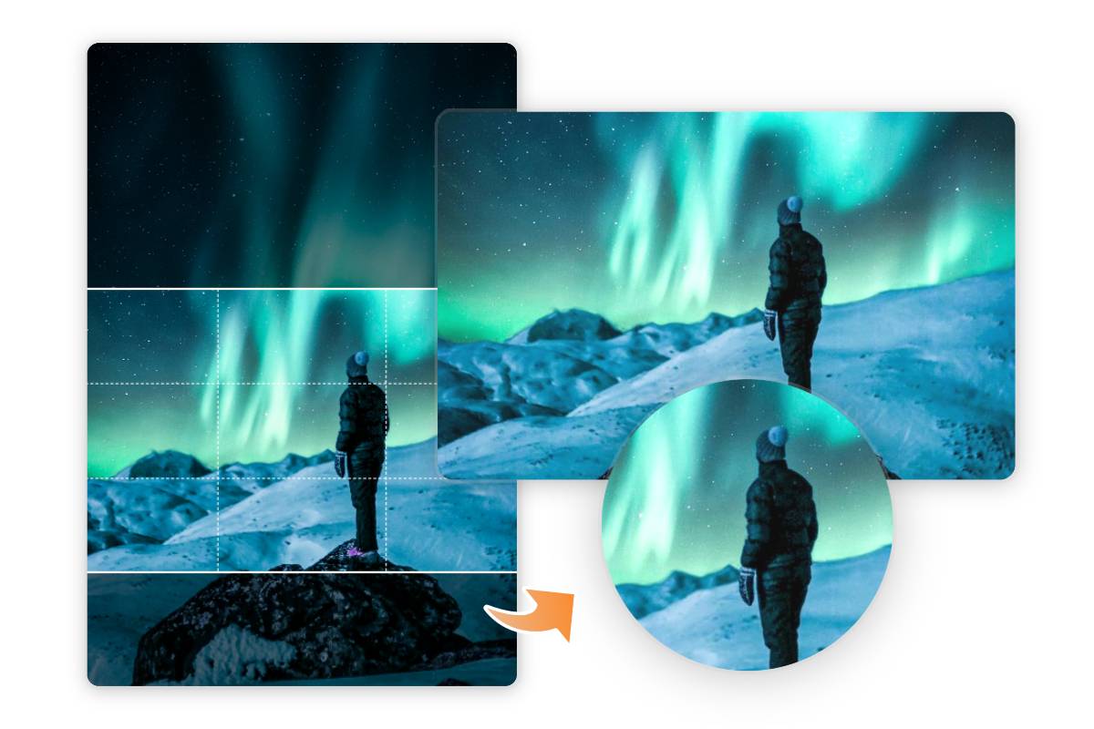 Crop aurora portrait image to landscape format with sharpening details