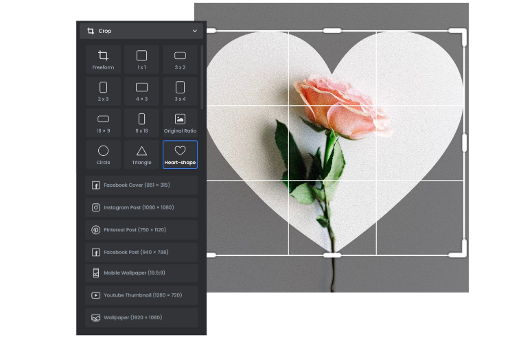 Crop flower image in heart shape and shape box