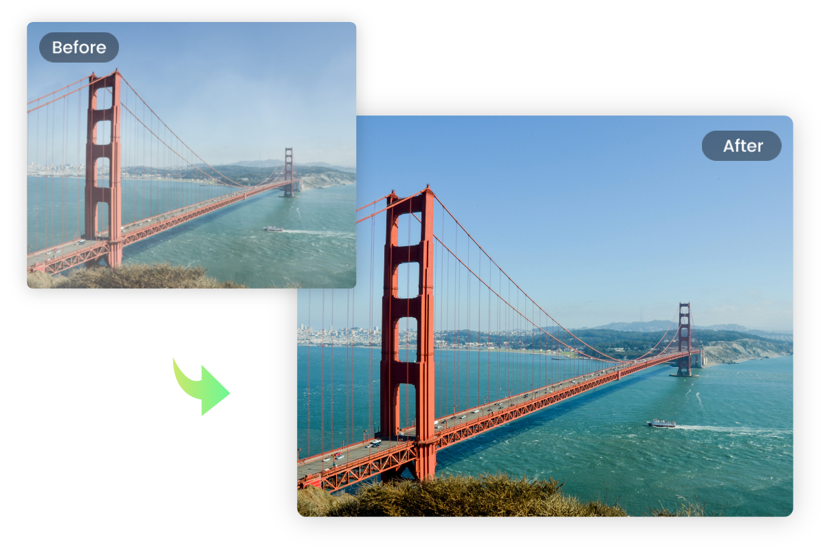 Dehaze the bridge across river image to enhance photo quality