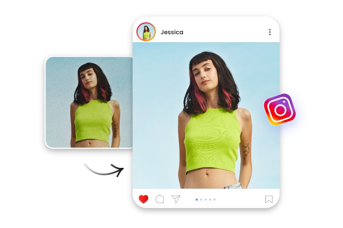 Denoise a photo of a woman wearing a neon top and use it for an instagram post