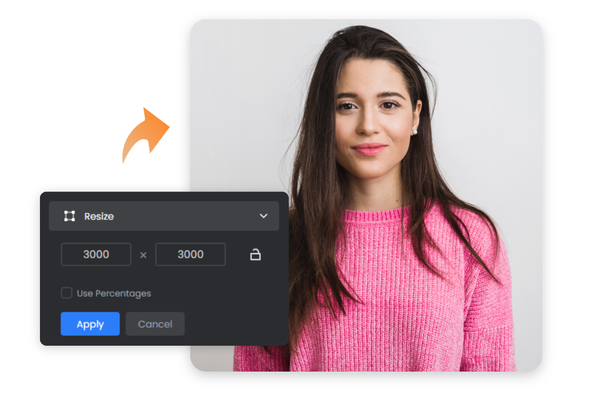 Easily convert a woman photo to 3000 3000 pixels in fotor