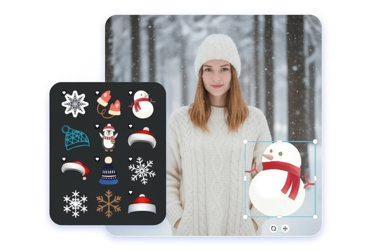 Edit and enhance AI snow photos with stickers frames and text
