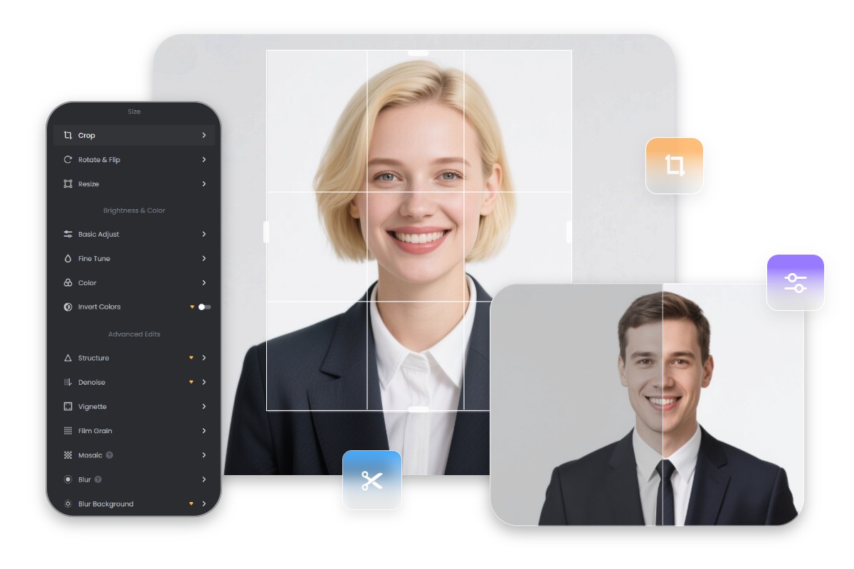 Edit resume photos of a man and a woman with multiple basic editing tools