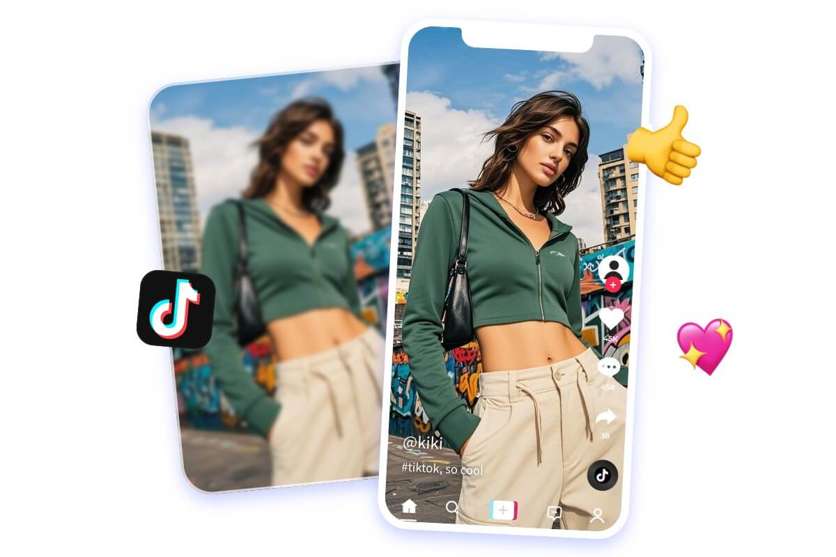 upscale a low quality photo of a stylish woman for social media sharing