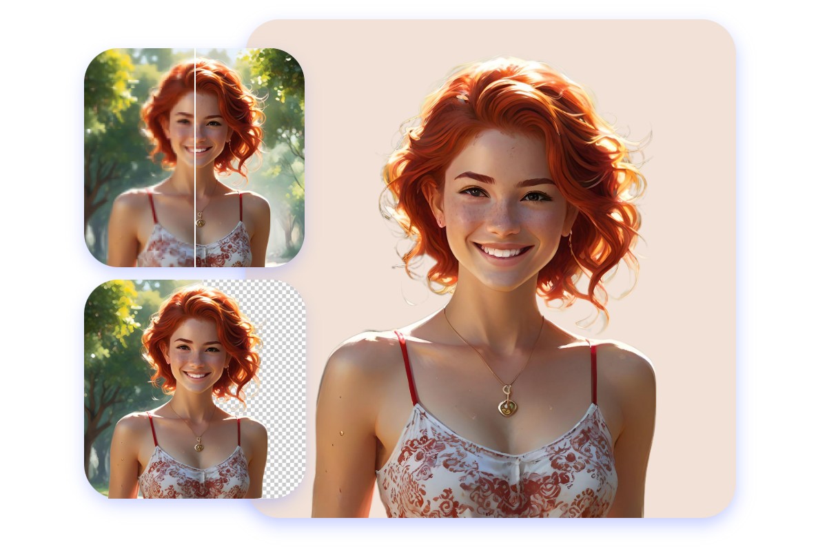Améliorer la qualité de l’image et supprimer le fond d’une photo représentant une femme aux cheveux roux