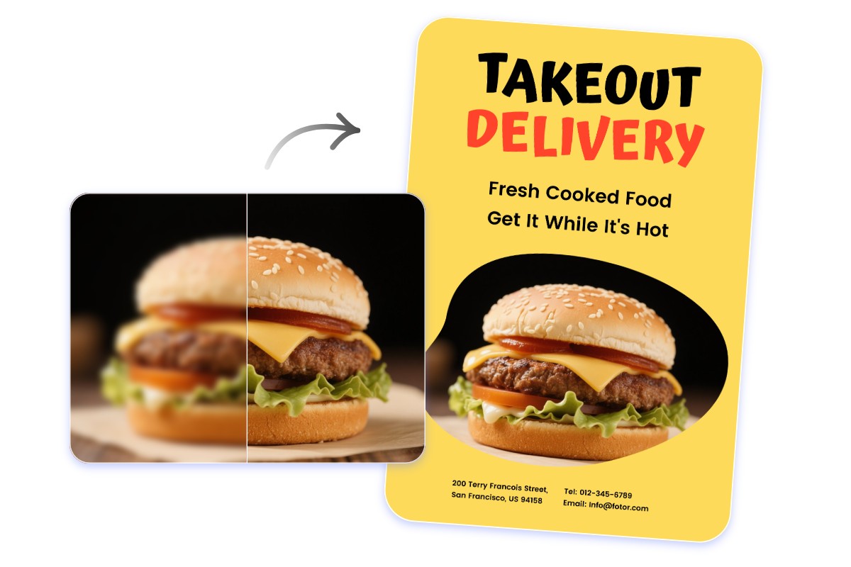 upscale the image quality of a burger photo for brand marketing posters