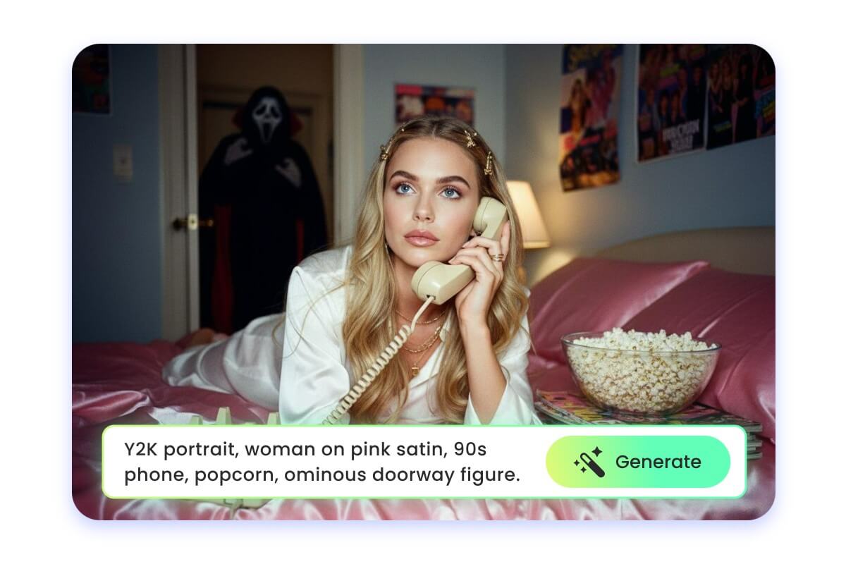 Saisir une description textuelle pour générer une image IA d'horreur avec Ghostface derrière une femme