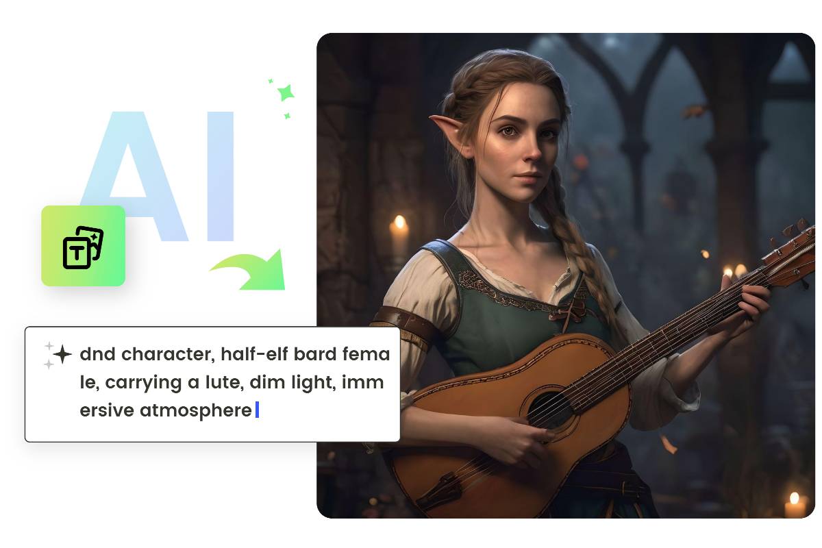 Enter prompts to generate a half elf female bard with ai