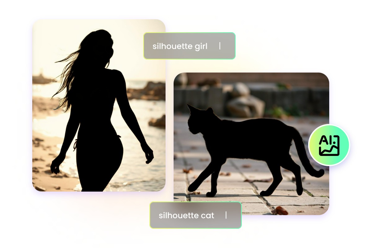 Enter the text prompts to generate two silhouette pictures of a lady and a cat