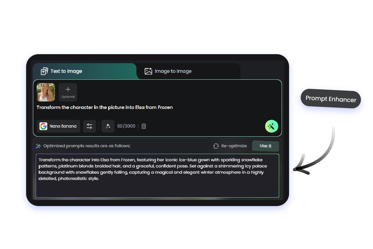 Fotor aiプロンプトエンハンサーでプロンプトを入力している画面