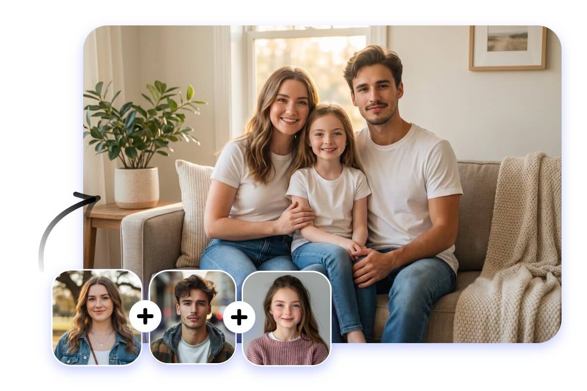 Family portrait created from individual photos by Fotor AI family photo generator with realistic blending