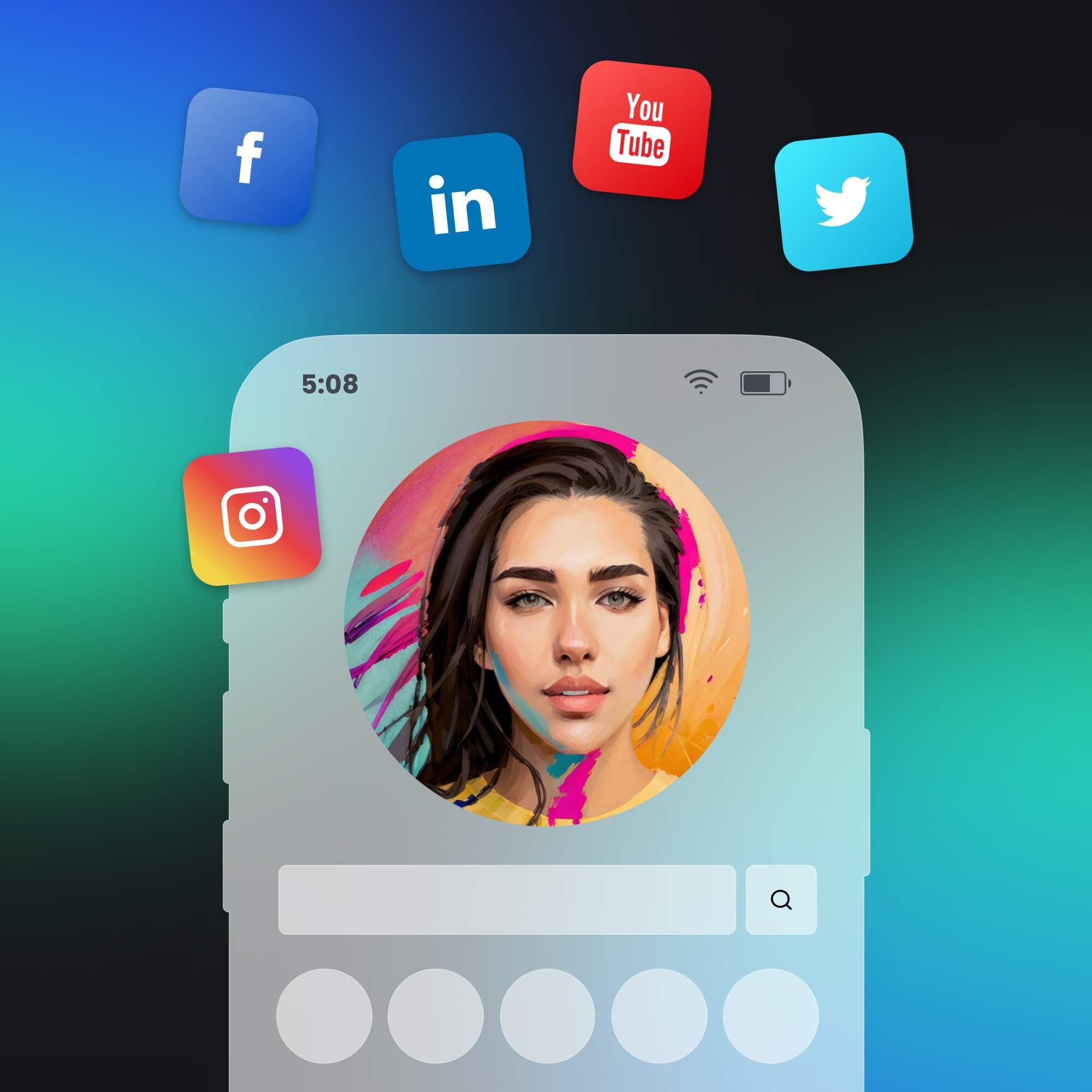 Avatar femenino en iPhone con íconos de redes sociales