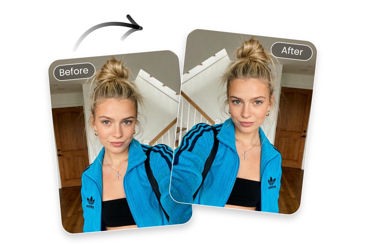 Fix inverted selfie of a lady in a blue blouse