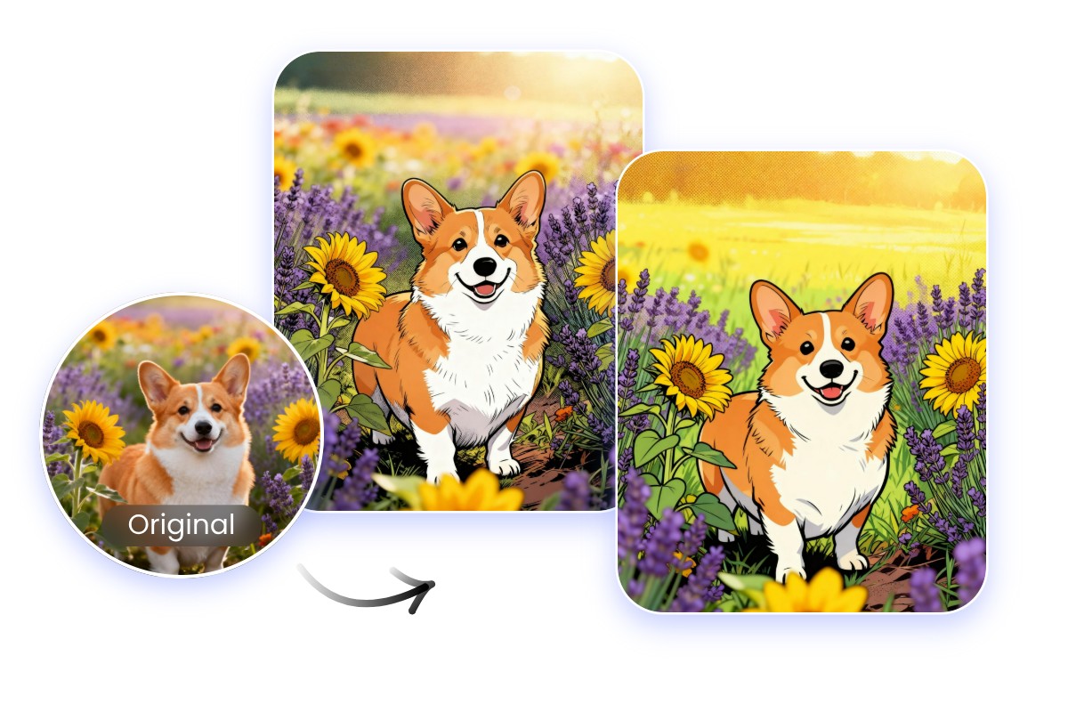 Flexible style transfer parameter control featuring different pixel art levels on a corgi