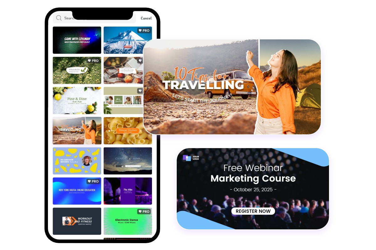 Fotor mobile app displaying the interface of youtube banner maker and two templates on its right
