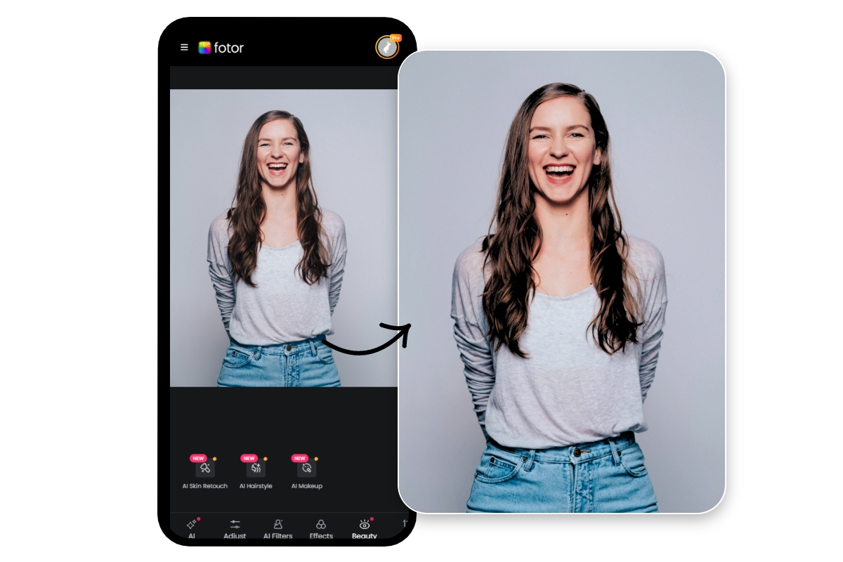 Bluz ve kot pantolon giyen bir bayanın fotoğrafına ince ayar yapmak için Fotor mobil fotoğraf rötuş uygulaması