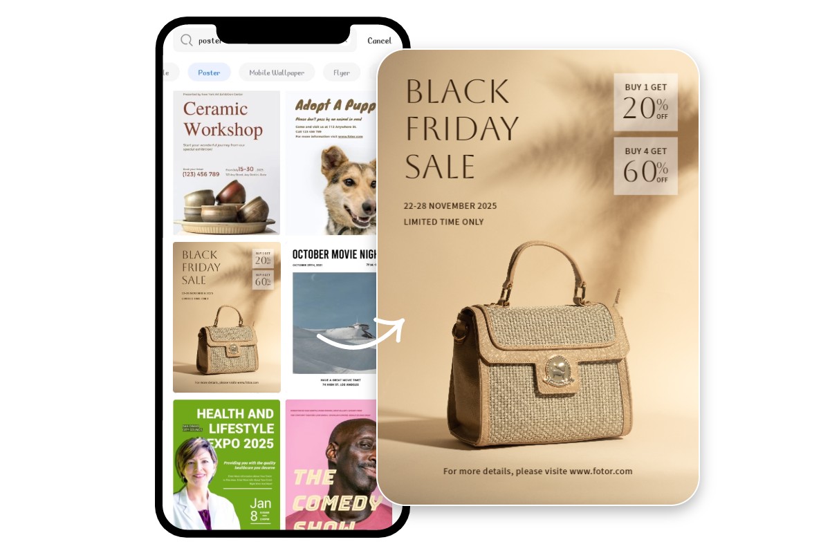 Fotor mobile poster maker app with a bag sale brown colored poster template