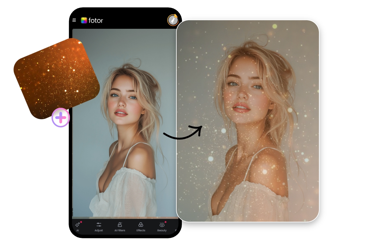 Application Fotor de superposition d’images pour superposer des paillettes et une femme aux longs cheveux blonds