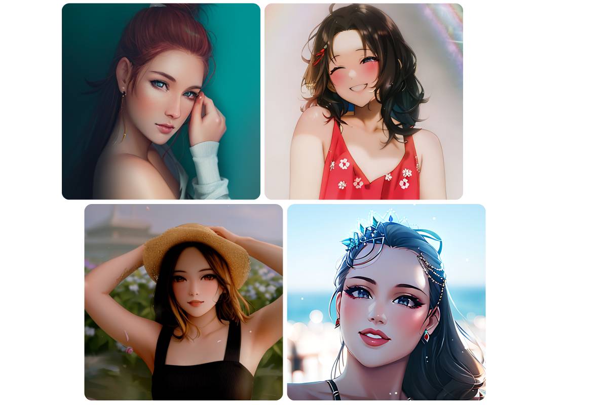 Vier Frauenporträts mit AI-Manga-Filter von Fotor