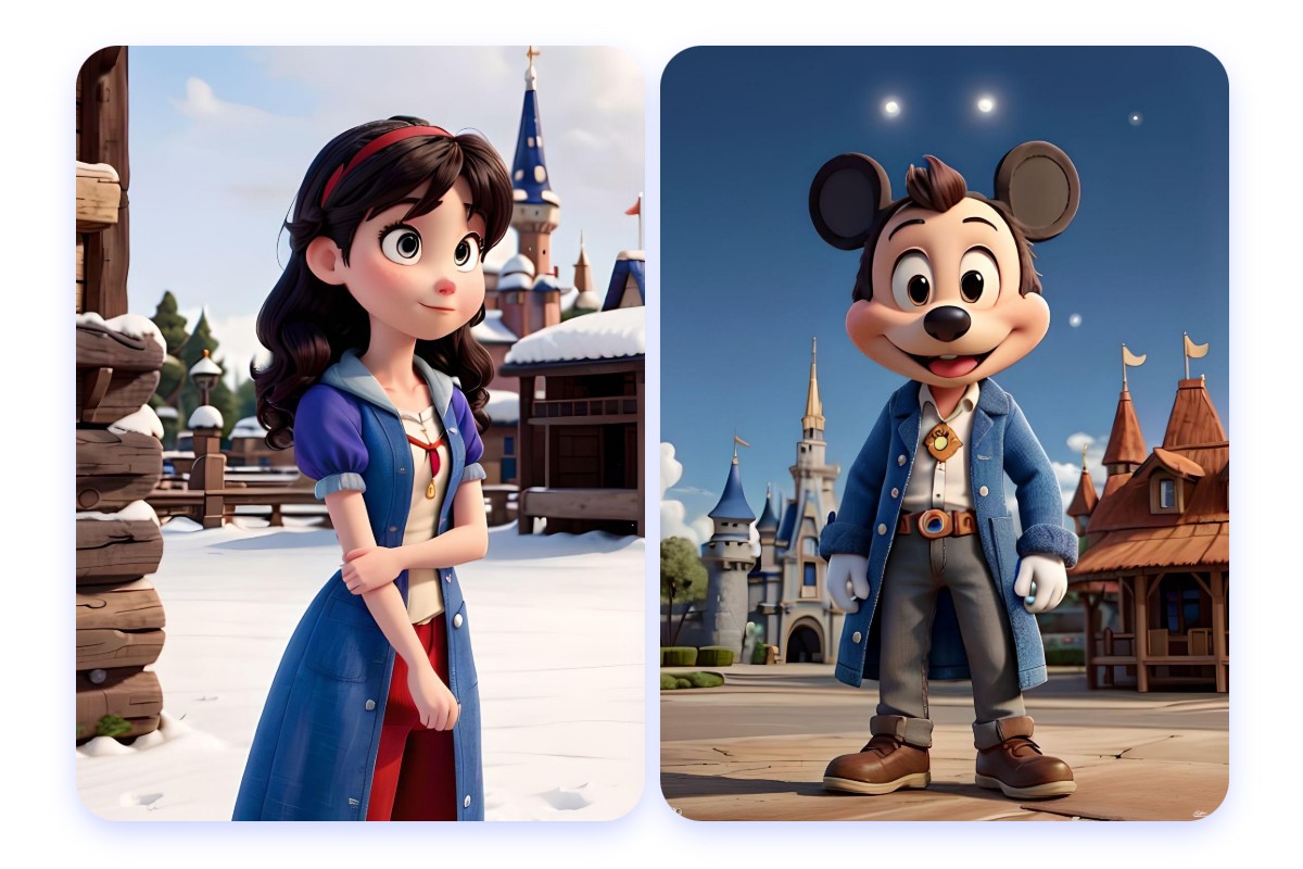 Générer des personnages originaux par IA pour l’univers Disney, incluant une princesse et Mickey