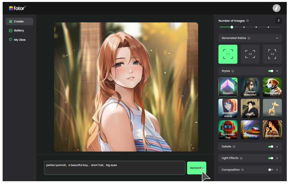 Generar una chica de anime AI en el generador de imágenes Fotor AI