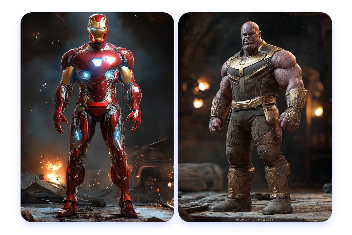 Générer des personnages IA pour l’univers Marvel, incluant Iron Man et Thanos