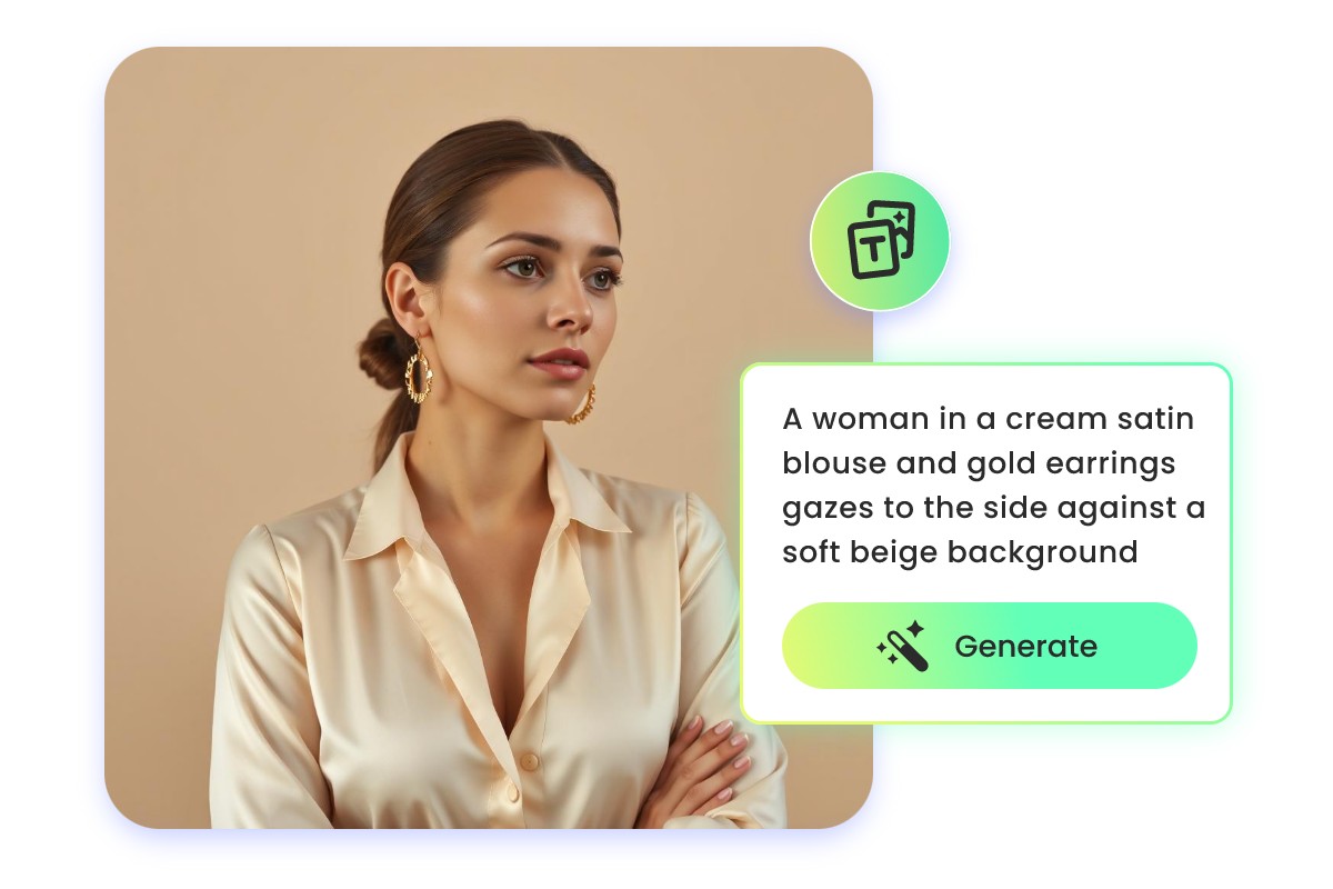 Générer un personnage réaliste par IA en saisissant une description d’une femme portant un chemisier en satin de couleur crème