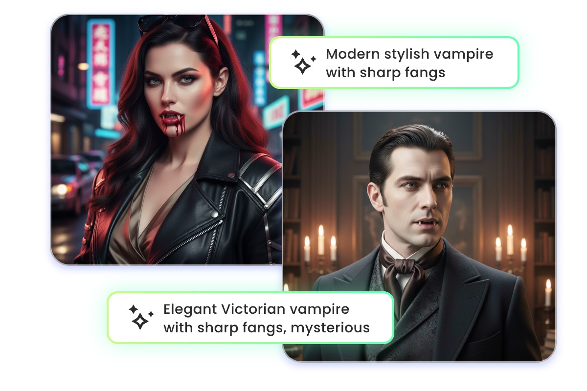 Generate a fashion female vampire and a british male vampire from text