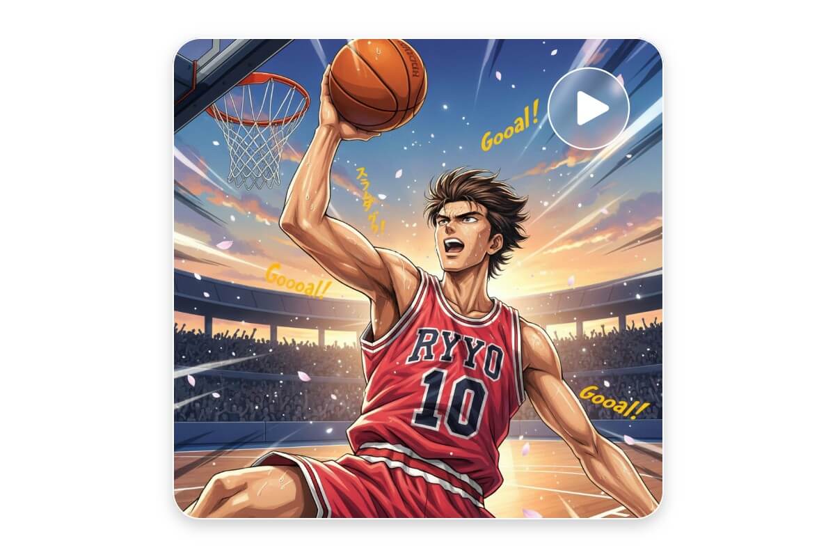 Generate a high energy ai anime video of someone playing basketball