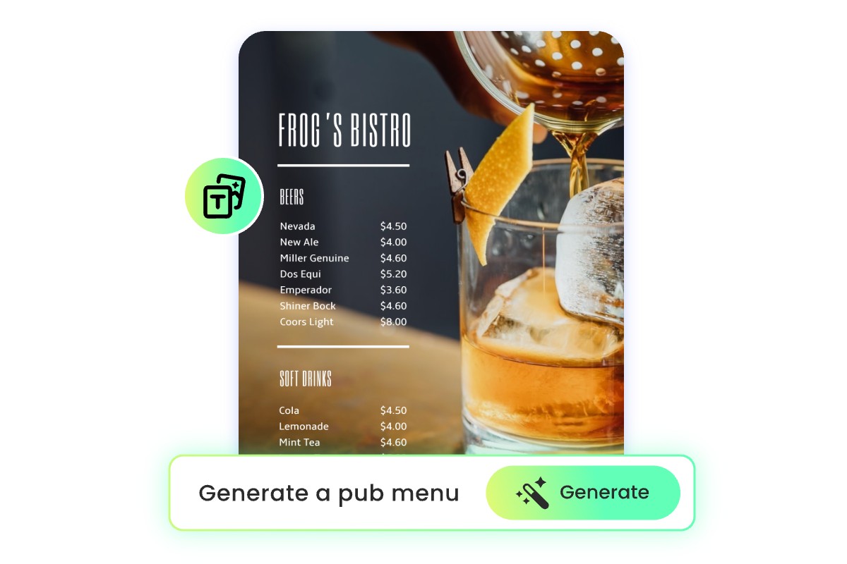 Generate a pub menu from text prompt with fotor