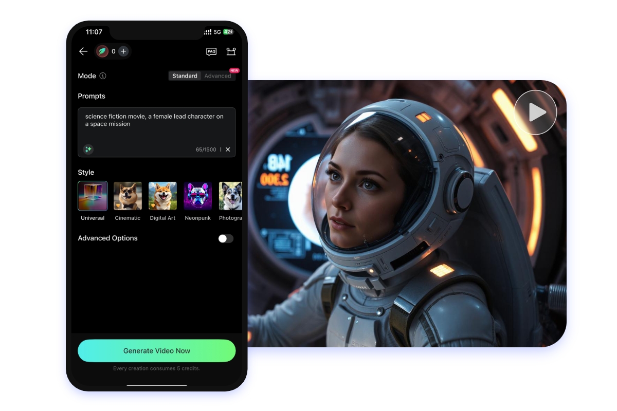 Generate a science fiction movie about a female astronaut using text on a mobile device