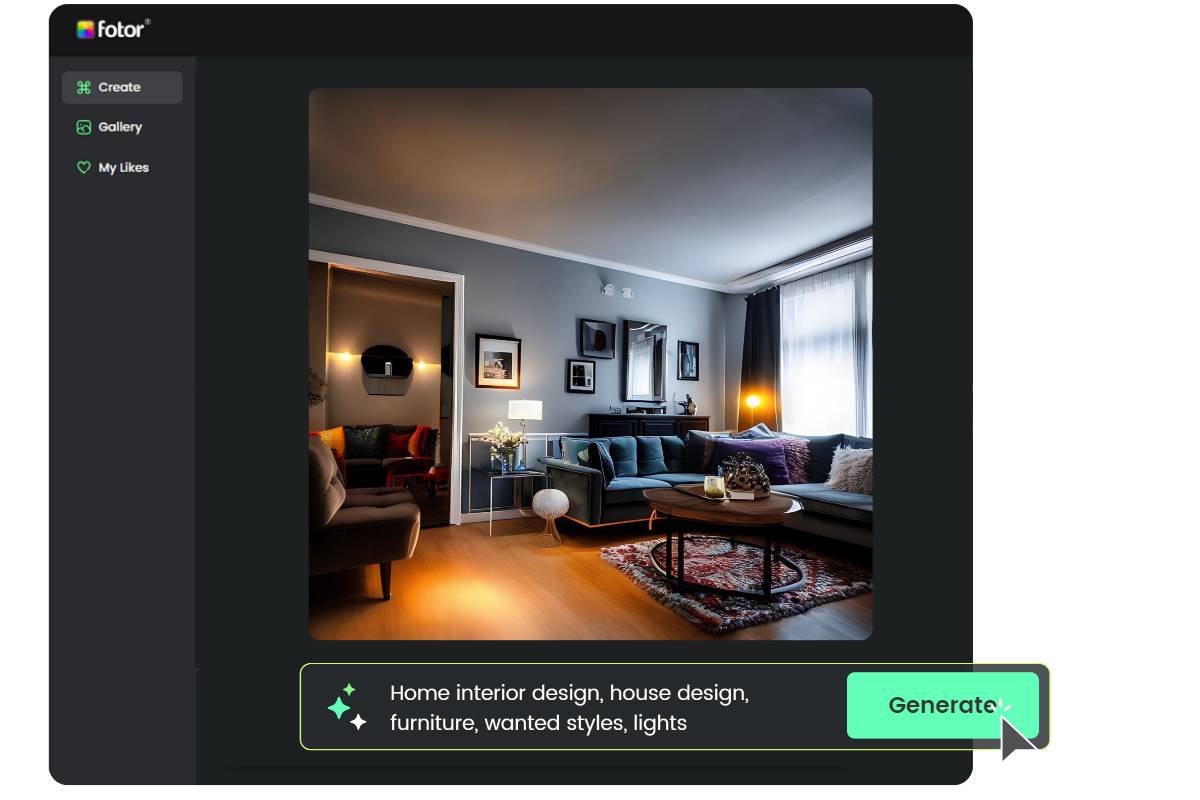 Generate an interior room design in modern style in fotor ai interior design generator