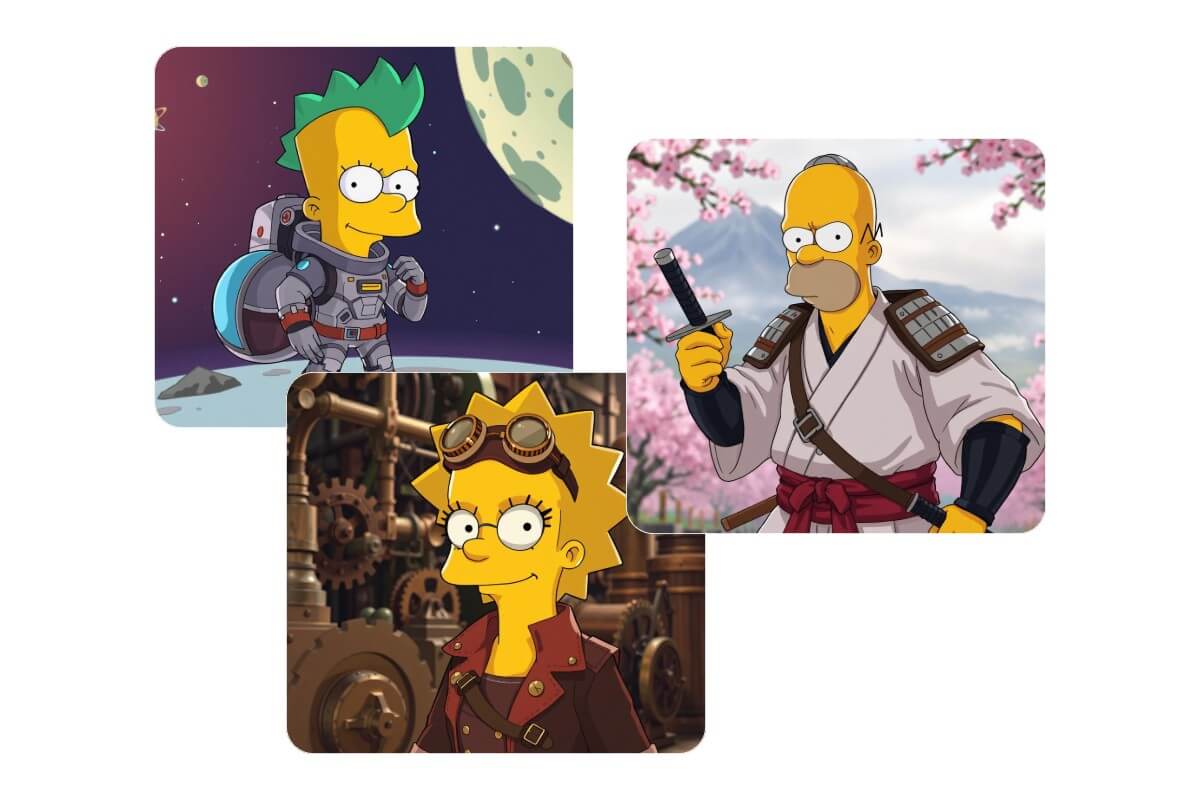 Generate simpsons character images with different hairstyles and outfits in fotor