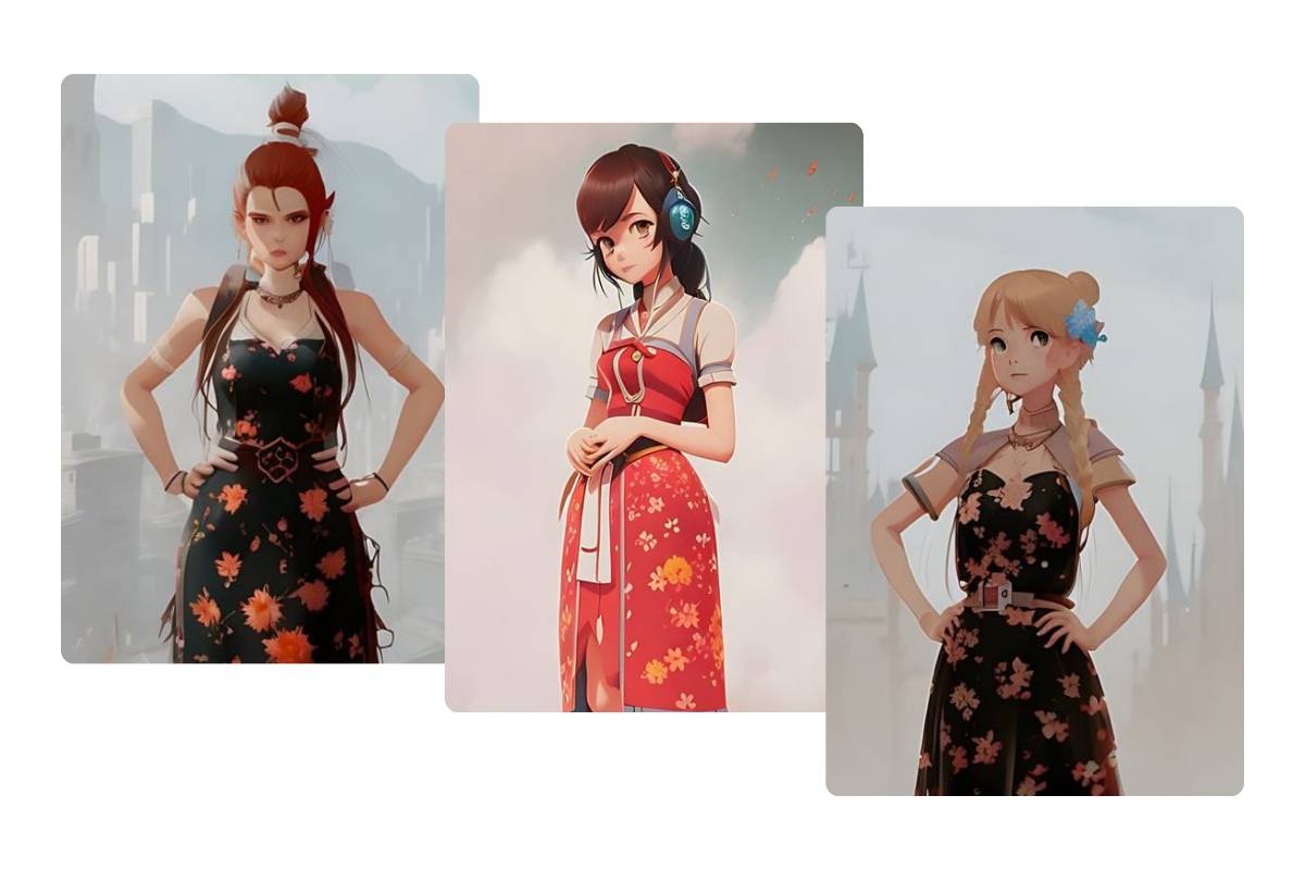 Crear tres personajes femeninos de dibujos animados online en el generador de personajes de dibujos animados de Fotor