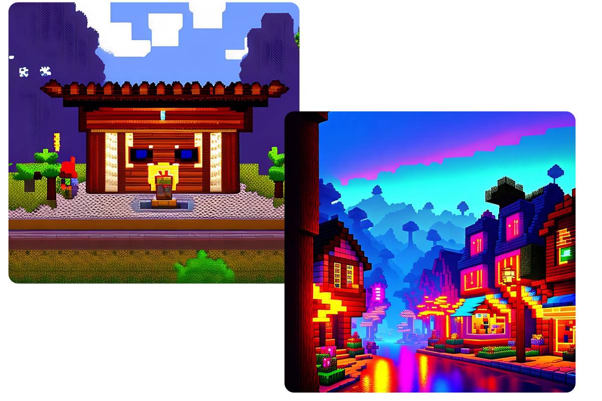Zwei Pixelbilder im Minecraft-Stil mit dem Fotor Pixel-Art-Generator erstellen