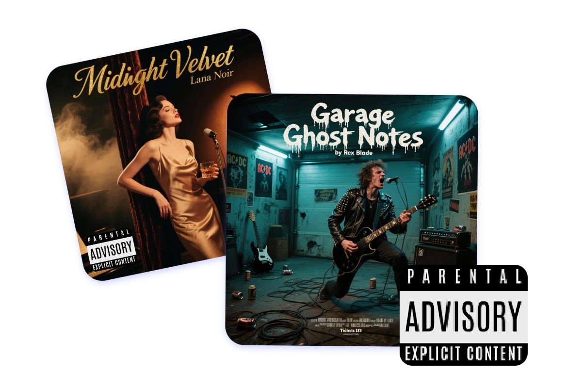 Generate two album covers with parental advisory stickers