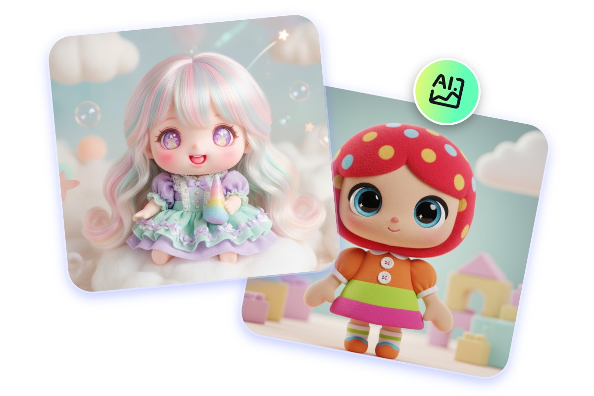 AIぬいぐるみ作成アプリで生成されたかわいい人形2体