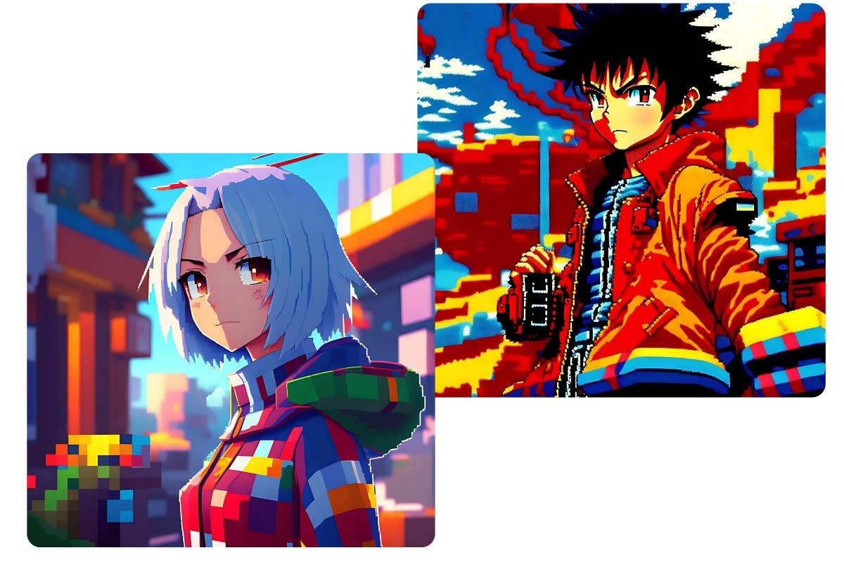 générer deux personnages d'anime en pixels avec le créateur d'art en pixels en ligne Fotor