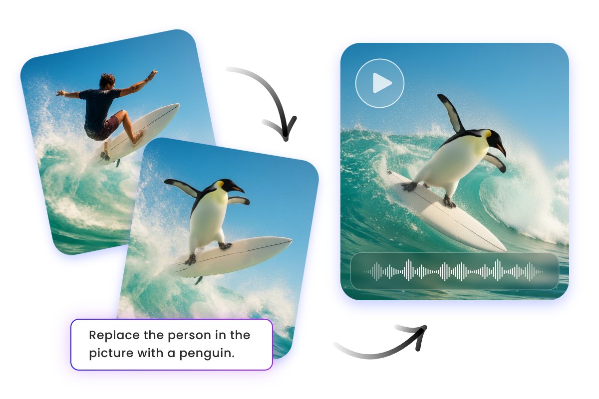 Image editing based Wan 2 5 video generation featuring a penguin surfing