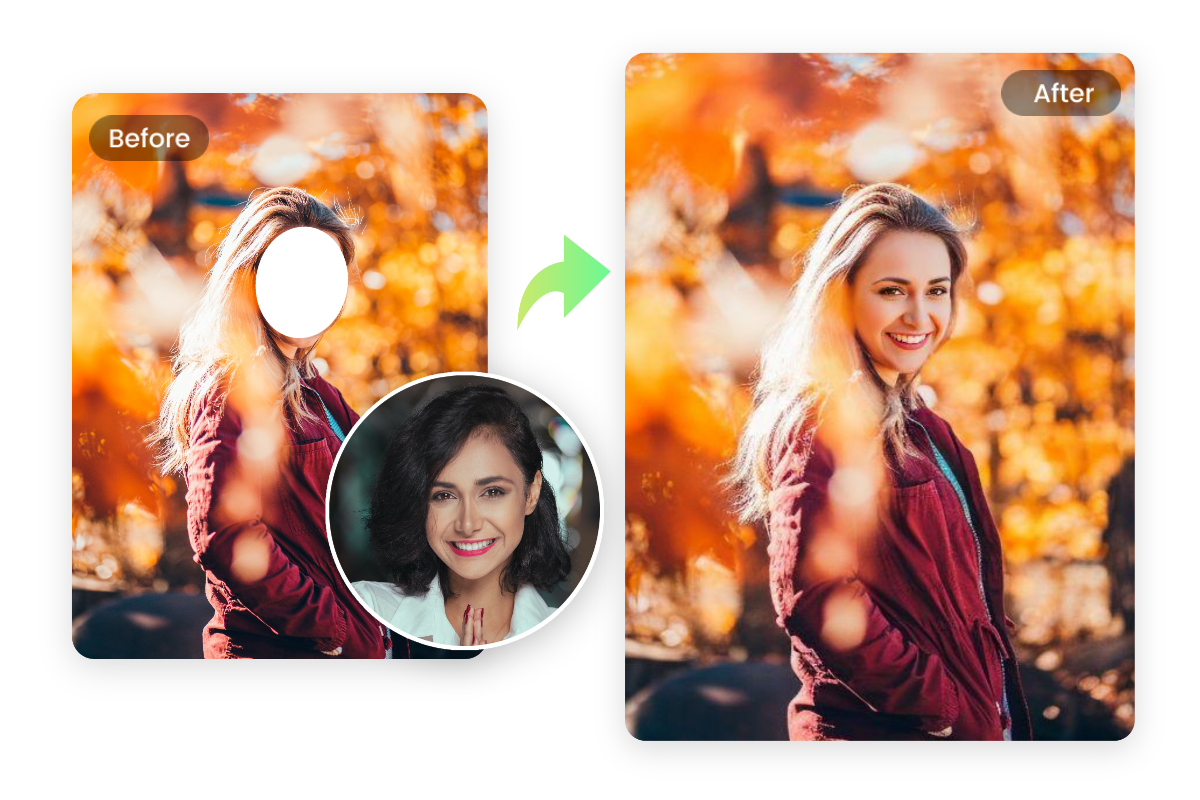 Insert female face in the hole of the female scenario with falling maples around