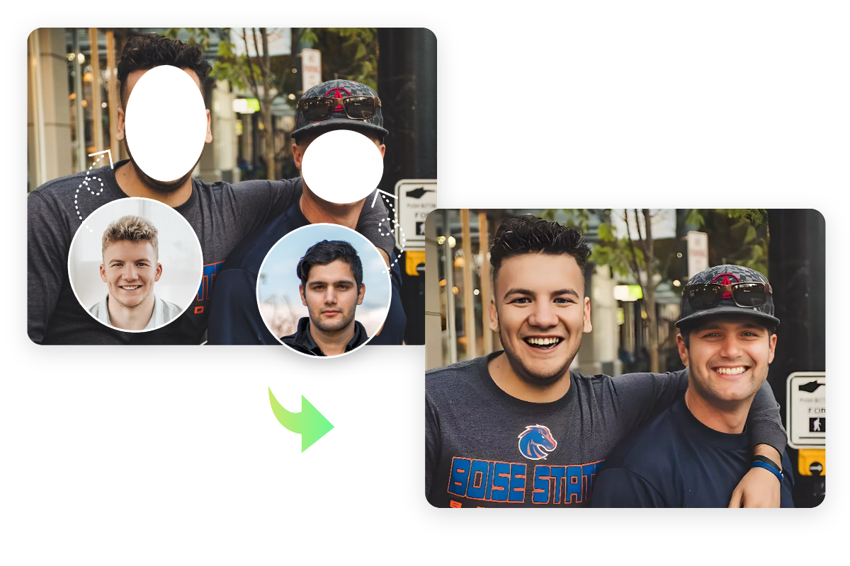 Insert two male faces in the photo of face in hole scenario from fotor