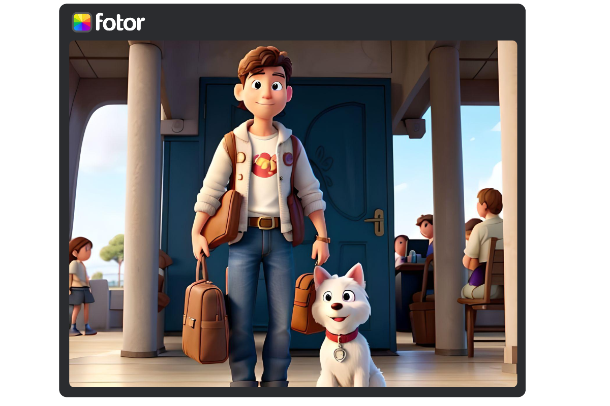 Erstellen Sie ein Disney-Pixar-Bild von einem Jungen und seinem Hund mit Fotor