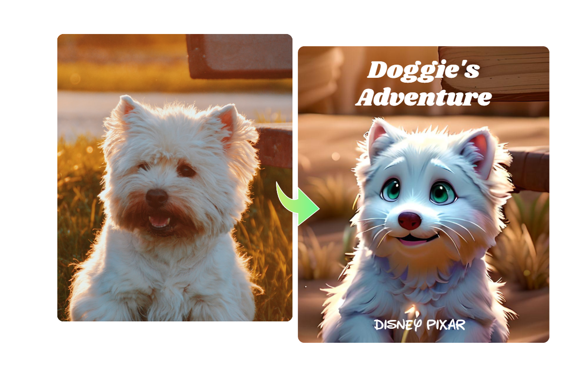 Erstellen Sie ein Disney-Pixar-Filmposter mit Ihrem Hund – einfach ein Haustierfoto im Fotor Disney Pixar KI-Bildgenerator hochladen